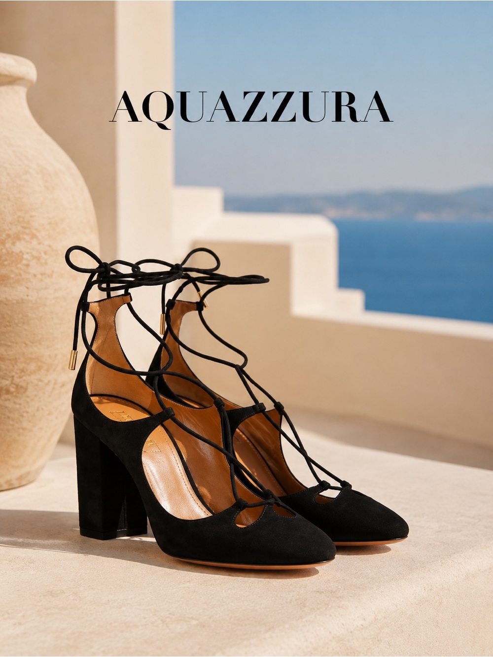 NWOT Aquazzura ‘Dancer 85’ Lace-Up Block-Heel Pumps in Black Suede Size 5.5